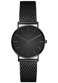 Zwarte horloge met een ronde matte wijzerplaat, minimalistische uurmarkeringen en een geweven zwart metalen band. Heeft een eenvoudig, strak ontwerp.