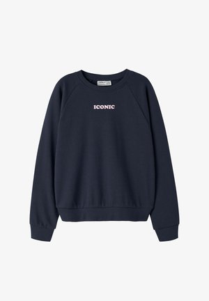 Sweat-shirt à manches longues bleu marine avec poignets et ourlet inférieur côtelés, arborant le mot « ICONIC » en rose clair centré sur la poitrine.