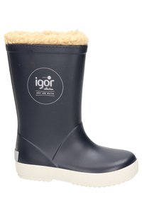Bottine de pluie en caoutchouc bleu marine avec une doublure en fausse fourrure en haut, semelle blanche texturée et un design de logo circulaire sur le côté extérieur.