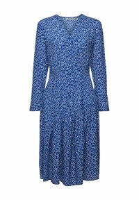 Robe bleue à manches longues, longueur genoux, avec motif floral abstrait blanc, col en V et taille froncée.