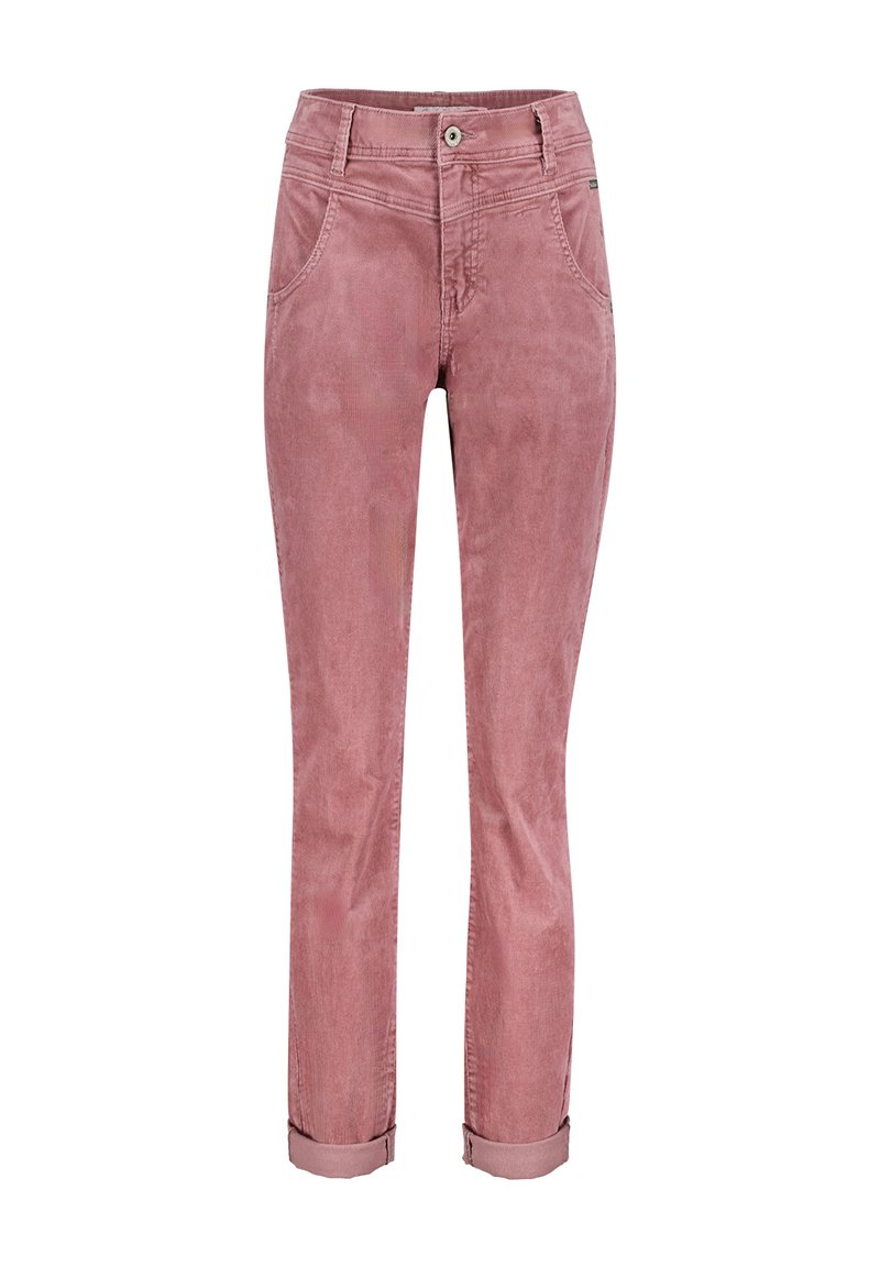 Rosa fløjl bukser med slim fit, opsmøgte ben, forlommer og en enkelt knaplukning. Materialet har en blød tekstur og mat overflade.