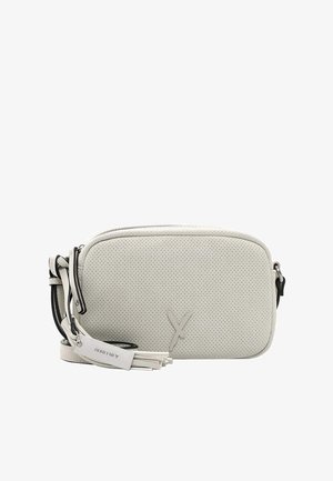Rectangular crossbody bag made of perforated light gray leather. Features a contrasting black strap and decorative tassels. X logo accent.