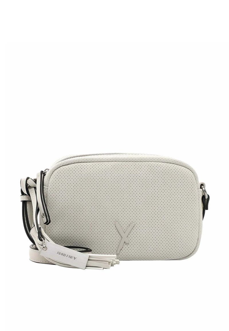 Borsa a tracolla rettangolare realizzata in pelle grigia chiara perforata. Presenta una tracolla nera a contrasto e frange decorative. Accento con logo X.