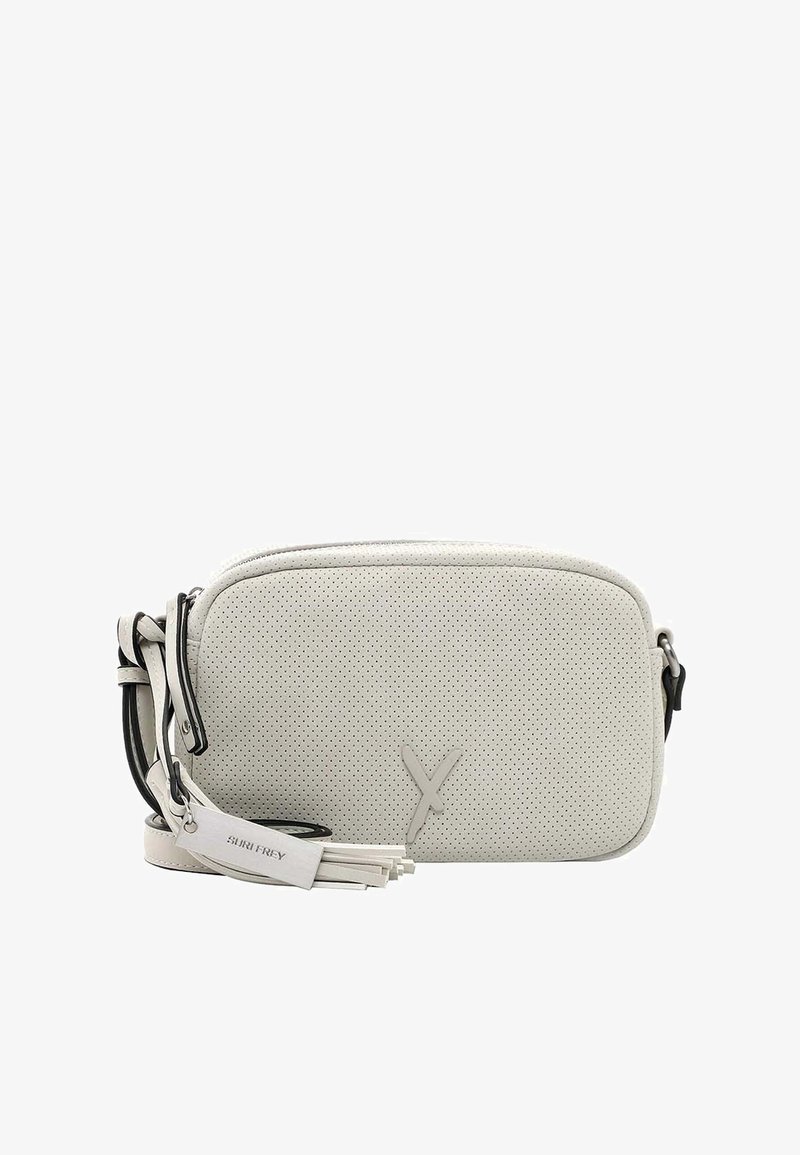 Borsa a tracolla rettangolare realizzata in pelle grigia chiara perforata. Presenta una tracolla nera a contrasto e frange decorative. Accento con logo X.