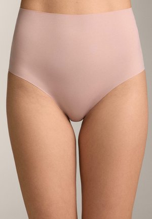 Light pink high-waisted underwear made from smooth, stretchable fabric. Features a seamless design with a solid color and medium coverage.