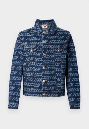 Denim jacket in dark blue featuring repeated "ICECREAM" text pattern, button closure, two chest pockets, and a classic collar design.