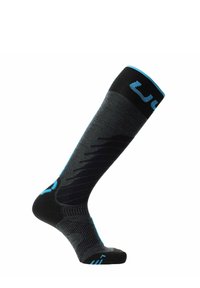 Media de compresión hasta la rodilla con un diseño en negro y gris, con acentos en azul y patrones de textura para mejorar la adherencia y el soporte.
