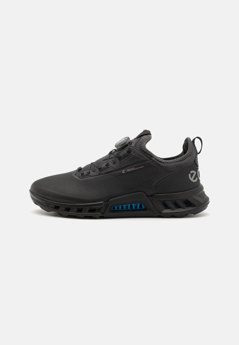 Black athletic shoes with a smooth material, featuring a rounded toe, textured upper, and a distinctive blue accent in the sole.