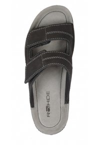 Infradito casual da uomo neri e grigi con due cinturini regolabili in Velcro e cuciture bianche visibili, suola brandizzata.