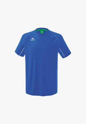 Blaues sportliches T-Shirt mit kurzen Ärmeln, rundem Ausschnitt, kontrastierenden weißen Akzenten und einem Logo auf der Brust. Aus leichtem Stoff gefertigt.