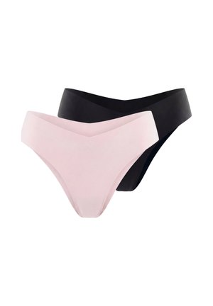 Twee naadloze damesslipjes in bikini-stijl, één lichtroze aan de voorkant en één zwart aan de achterkant, weergegeven tegen een witte achtergrond.