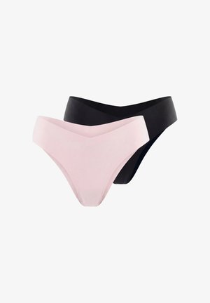 Twee naadloze damesslipjes in bikini-stijl, één lichtroze aan de voorkant en één zwart aan de achterkant, weergegeven tegen een witte achtergrond.