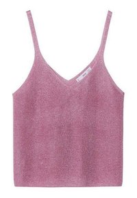 Růžový pletený bezrukávový crop top s tenkými ramínky a výstřihem do V, s malou bílou značkovou etiketou v pravém horním rohu.