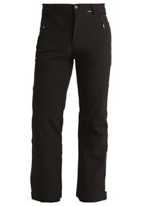 Pantalon noir droit pour l'extérieur avec poches frontales zippées, fermeture par bouton et renforts aux genoux.