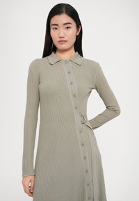 Langærmet, ripstrikket kjole i dæmpet grøn med knaplukning foran, krave og en metallisk ringdetalje ved taljen. Glat stoftekstur.