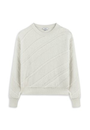 Lichtgrijze cropped sweater met textuurpatronen in diagonale lijnen, gebreid stof, geribbelde ronde halslijn en mouwen. Zachte, gezellige uitstraling.