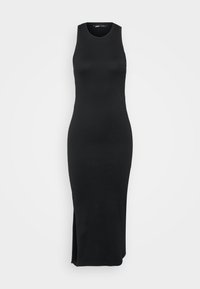 Czarna ribbed dzianinowa sukienka bez rękawów, dopasowany krój, długość do połowy łydki, z bocznym rozcięciem dla swobody ruchów, minimalistyczny styl.