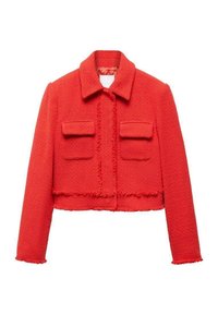 Red tweed cropped jacket featuring a collar, two front pockets, and frayed edges on sleeves and hem. Textured fabric with structured design.