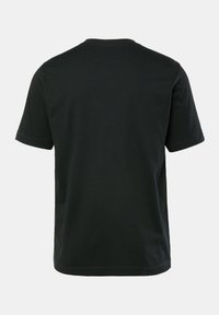 Sort bomulds t-shirt med korte ærmer, rund halsudskæring og en glat tekstur. Har et enkelt, ensfarvet design uden mønstre.