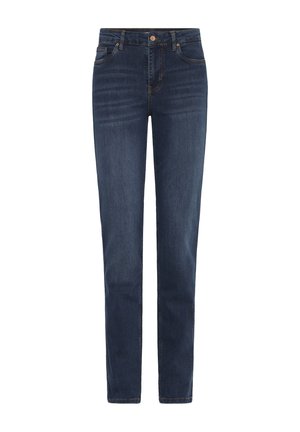 Tumesinised otse lõigatud teksapüksid esi taskute, vööaugude ja nööpkinnitusega.