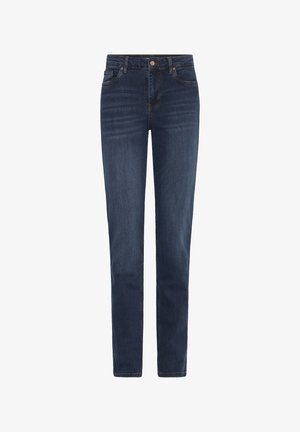 Tumesinised otse lõigatud teksapüksid esi taskute, vööaugude ja nööpkinnitusega.