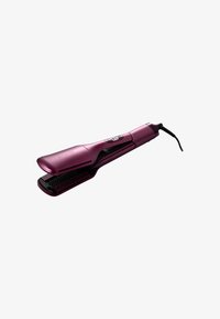 Fer à lisser en céramique avec une finition métallique violette, au design épuré, plaques inclinées et prise en main texturée, équipé d'un cordon d'alimentation et de boutons de contrôle.