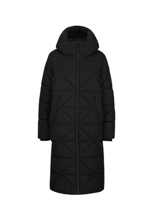 Schwarze Daunenjacke mit Kapuze, ausgestattet mit einem durchgehenden Reißverschluss und einem rautenförmigen Steppmuster. Lange Ärmel und knielanges Design für Wärme.