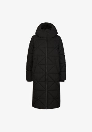 Zwarte pufferjas met capuchon, voorzien van een volledige rits aan de voorkant en een ruitpatroon. Lange mouwen en een knielange snit voor extra warmte.