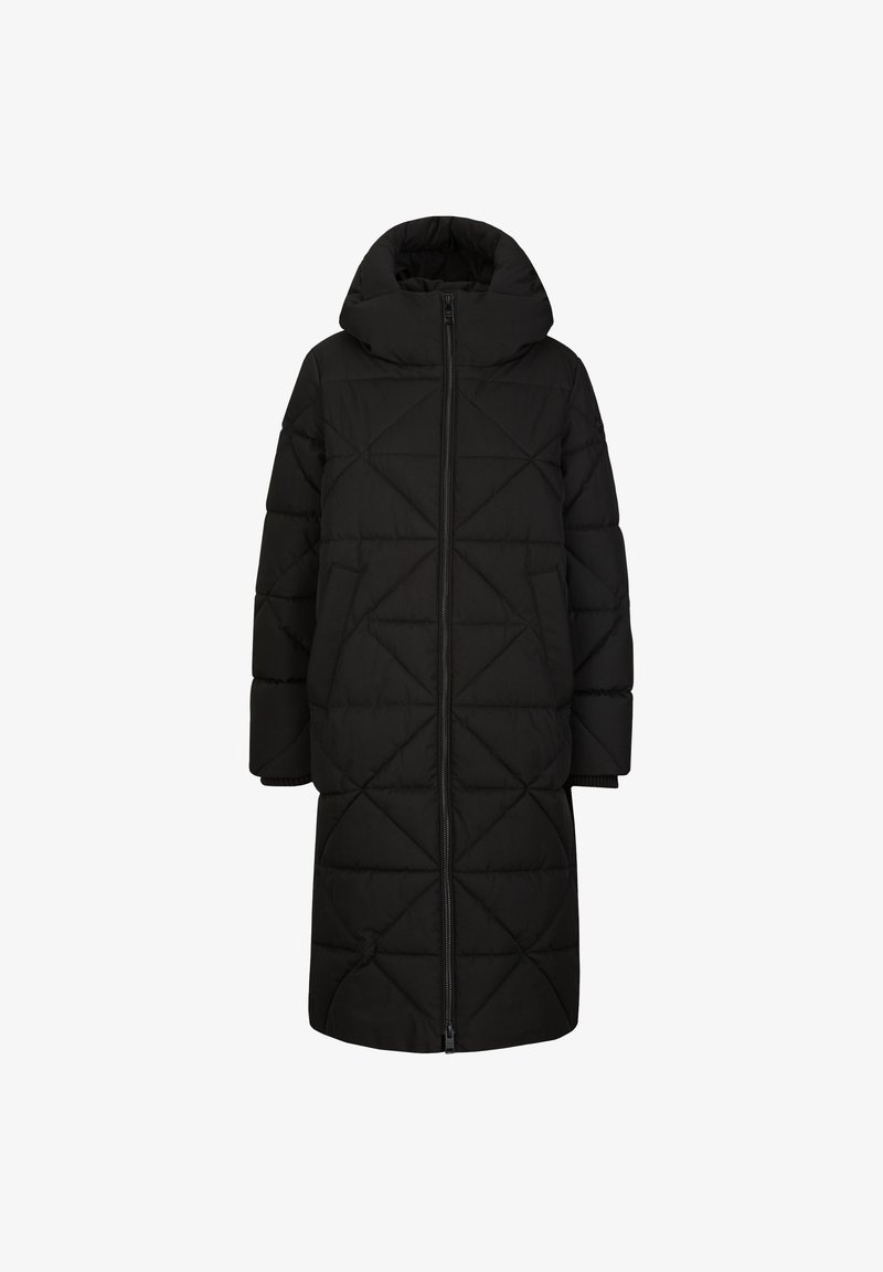 Zwarte pufferjas met capuchon, voorzien van een volledige rits aan de voorkant en een ruitpatroon. Lange mouwen en een knielange snit voor extra warmte.