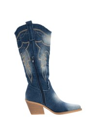 Botas de vaquero de denim con punta afilada, costuras decorativas en dorado y un tacón de madera de altura media. Presenta una cremallera lateral y un borde superior deshilachado.