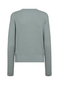 Maglione a coste verde chiaro con scollatura rotonda, maniche lunghe e orlo aderente. La maglia testurizzata presenta linee verticali in tutto il capo.