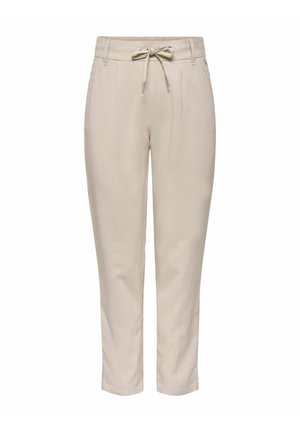 Beige, schmal zulaufende Hose mit elastischem Bund, vorderer Kordelzugbindung, Gürtelschlaufen und zwei Seitentaschen.
