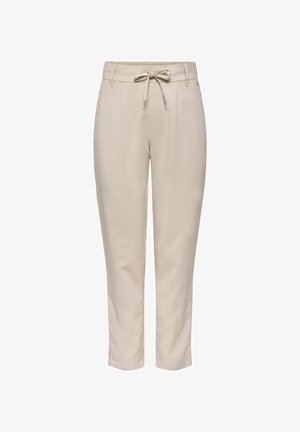 Beige tapered pants with an elastic waistband, front drawstring tie, belt loops, and two side pockets.