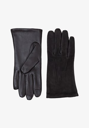 Black leather gloves featuring a smooth texture and sleek design, with one glove having a suede material and decorative stitching.