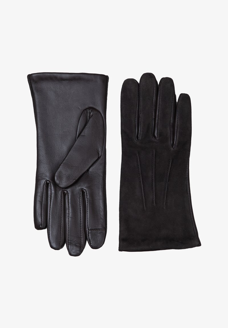 Black leather gloves featuring a smooth texture and sleek design, with one glove having a suede material and decorative stitching.