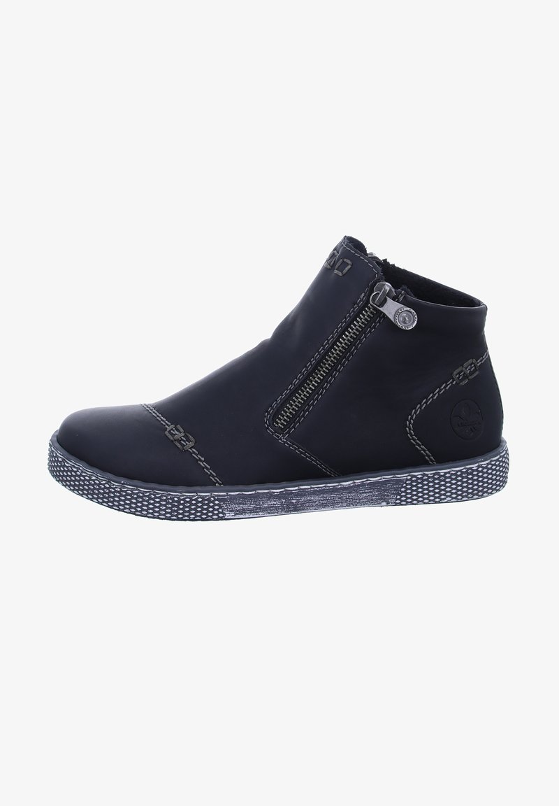 Black leather ankle boots with a side zipper, contrasting white stitching, and a textured rubber sole with a patterned tread.