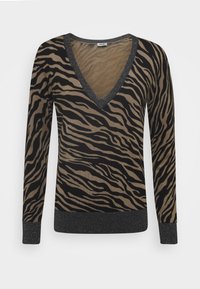 Langärmliger V-Ausschnitt-Pullover mit einem braun-schwarzen Tigermuster, verziert mit einem glitzernden schwarzen Besatz und gerippten Bündchen. Weiches, gestricktes Material.