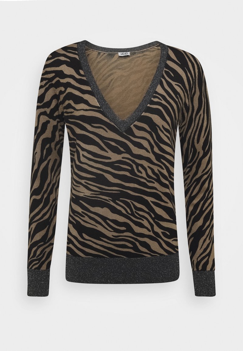 Langärmliger V-Ausschnitt-Pullover mit einem braun-schwarzen Tigermuster, verziert mit einem glitzernden schwarzen Besatz und gerippten Bündchen. Weiches, gestricktes Material.