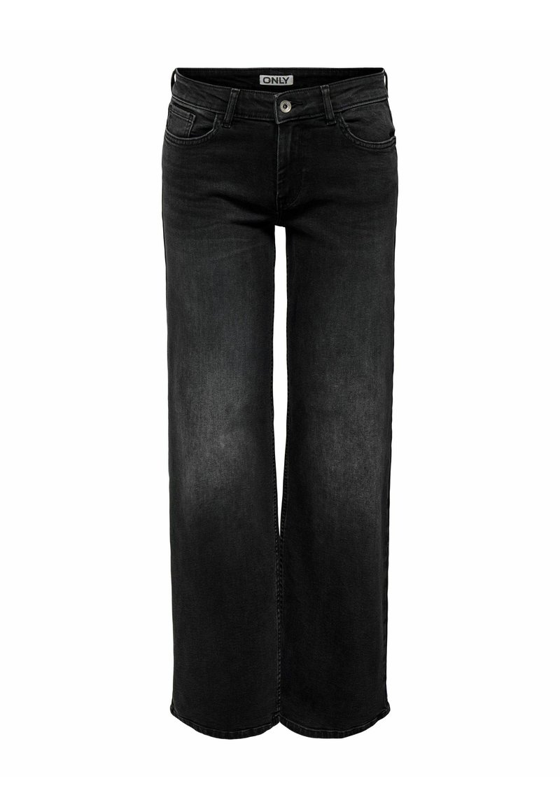 Črne široke jeans hlače iz denima, z klasičnim 5-xžepnim dizajnom, rahlim bledenjem in gumbom za zapiranje ter zadrgo.