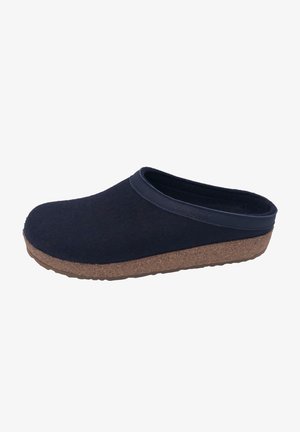 Navy blue felt clogs with a rounded shape, a cork sole, and a smooth leather rim around the opening, featuring a textured surface.