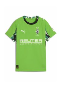 Zielowe zielone koszulka sportowa z czarnymi wykończeniami, z rękawami w kamuflażowy wzór, z logo PUMA oraz białym napisem "REUTER". W zestawie odznaka "125 Jahre".
