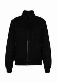 Czarna kurtka z zamkiem błyskawicznym i wysokim kołnierzem, z prążkowanymi mankietami oraz bocznymi kieszeniami. Wykonana z gładkiego, lekkiego materiału o prostym wzorze.
