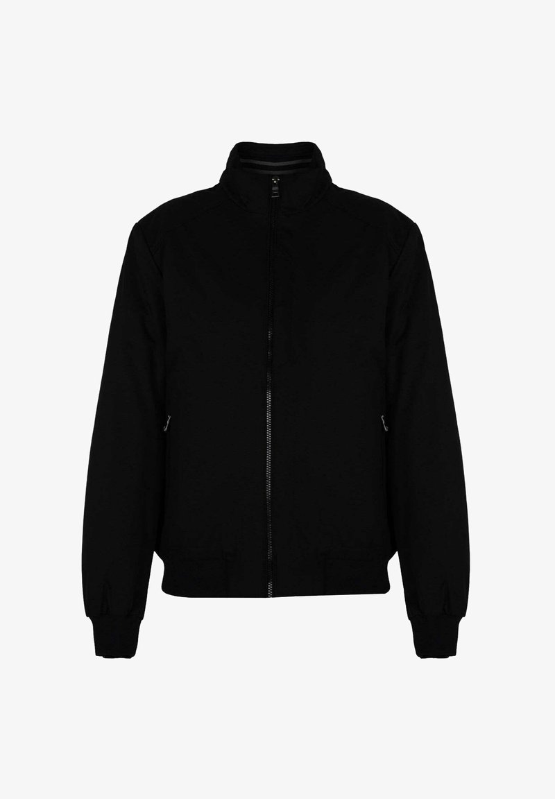 Czarna kurtka z zamkiem błyskawicznym i wysokim kołnierzem, z prążkowanymi mankietami oraz bocznymi kieszeniami. Wykonana z gładkiego, lekkiego materiału o prostym wzorze.