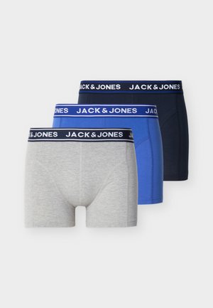 Kolme meeste bokserpüksid, halli, sinise ja tumesinise värvusega, igaühel kaubamärgiga "JACK & JONES" elastne vöökoht.
