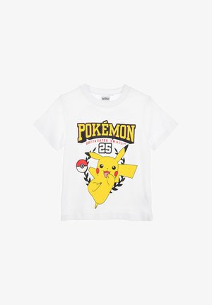 T-shirt blanc à manches courtes avec Pikachu jaune, Poké Ball, texte "Pokémon 25" et slogan "Gotta catch 'em all!" à l'avant.