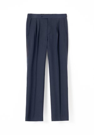 Pantalones de vestir ajustados azul marino con pinzas delanteras, bolsillos laterales, cintura abotonada y diseño de pierna recta.