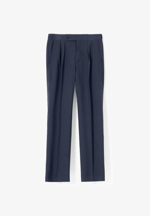 Pantalones de vestir ajustados azul marino con pinzas delanteras, bolsillos laterales, cintura abotonada y diseño de pierna recta.