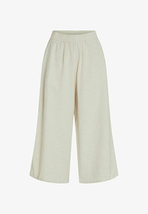 Kreemitoonis laiad püksid elastse vöökohtaga, valmistatud tekstuursetest kangast, millel on lame esikleit lisavolu jaoks.