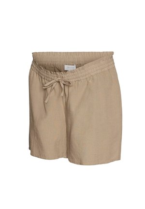 Beżowe casualowe lniane szorty z elastycznym pasem i wiązaniem na sznurku z przodu.