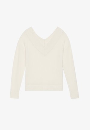 Hvit genser med lange ermer og bred V-hals, ribbestrikkede detaljer ved mansjettene og kanten. Myk tekstur, enkelt design og lett materiale.